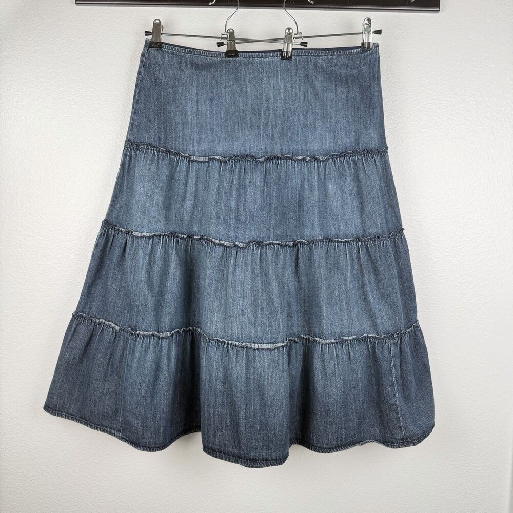 Y2K Jones Wear Jeans Midi Skirt Cotton Denim Tiered Prarie Southwestern